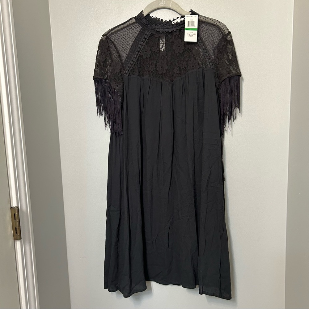 Women’s Black Midi Dress with Lace & Fringe